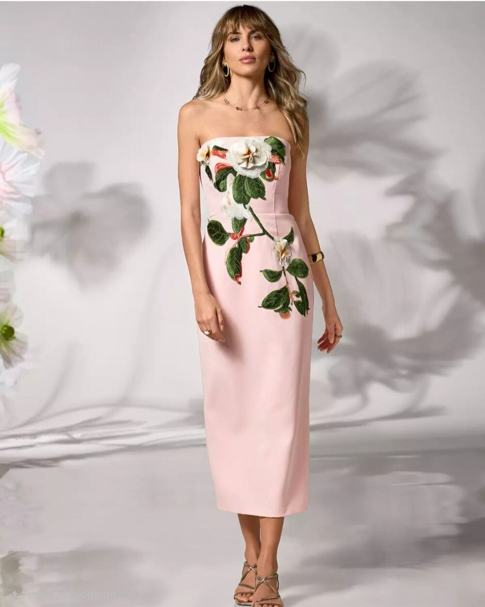 Boston Proper Strapless Midi Dress 14 Pink Embroidered 3D Floral Wedding Guest